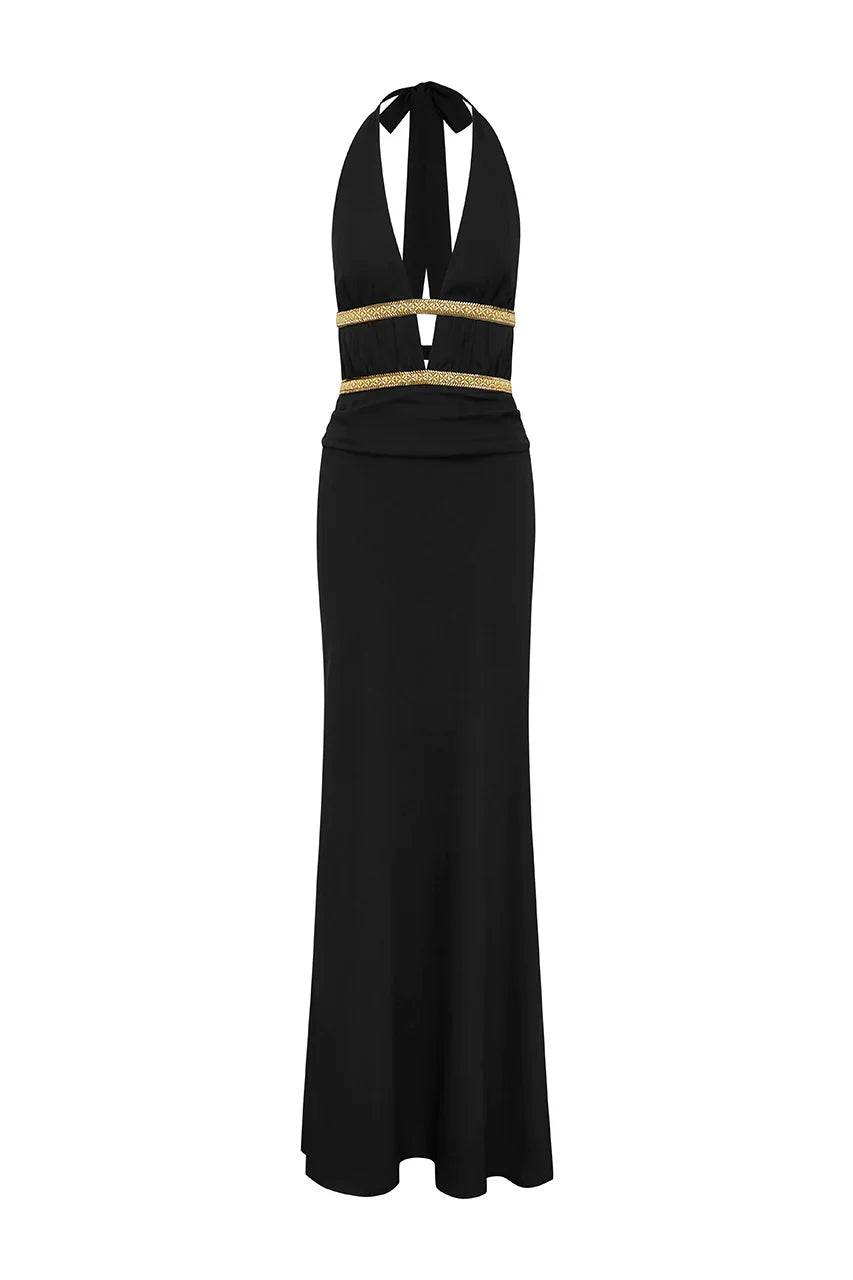 XYLIA HALTER LOW PLUNGE MAXI DRESS BLACK