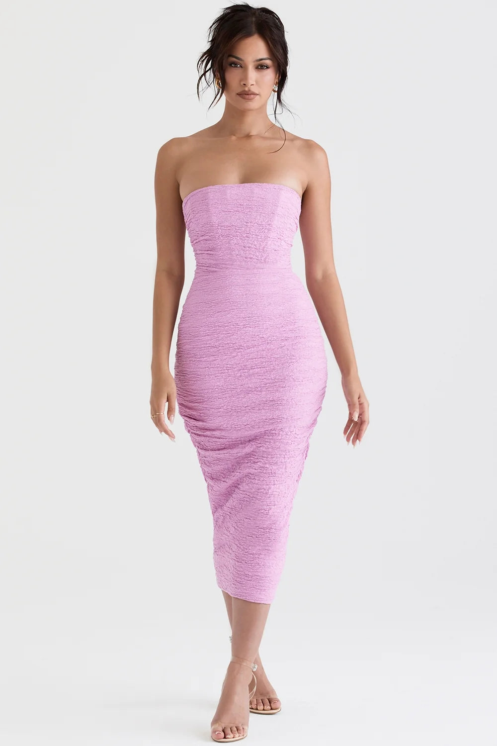 pink strapless corset midi dress