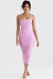 pink strapless corset midi dress