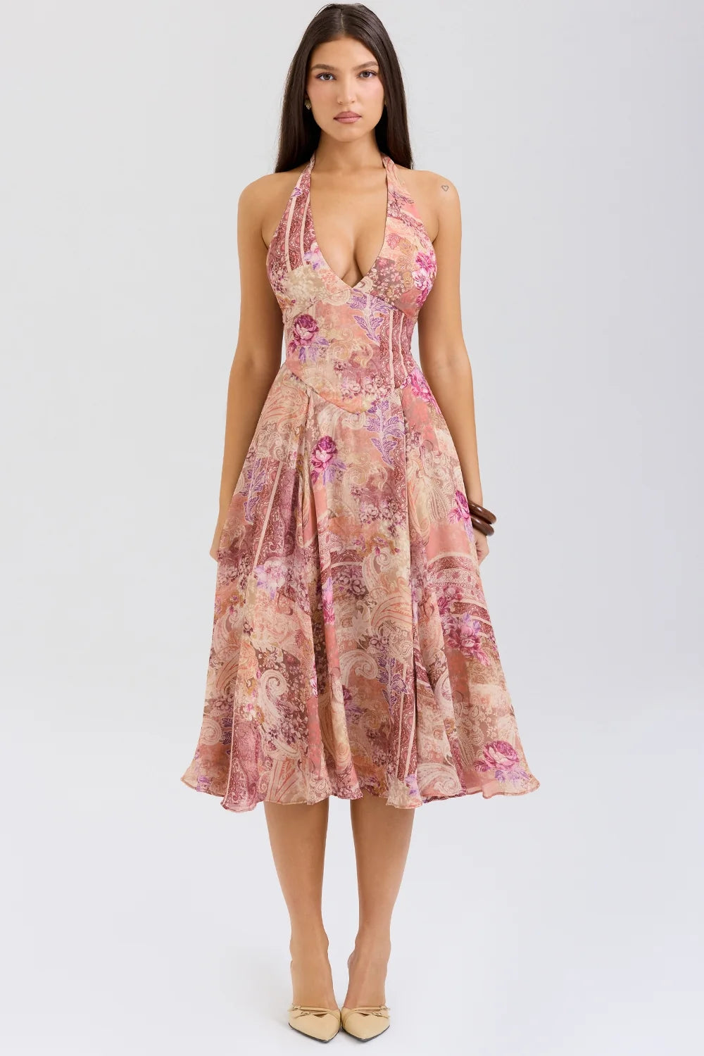 paisley patchwork print georgette halter sundress