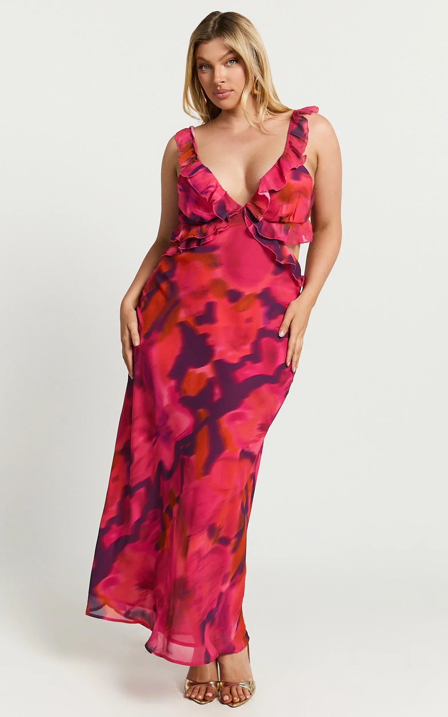 Alessa Midi Dress V Neck Frill Detail Empire Waist Back Cut Out Dress in Adeana Print