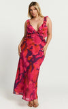 Alessa Midi Dress V Neck Frill Detail Empire Waist Back Cut Out Dress in Adeana Print