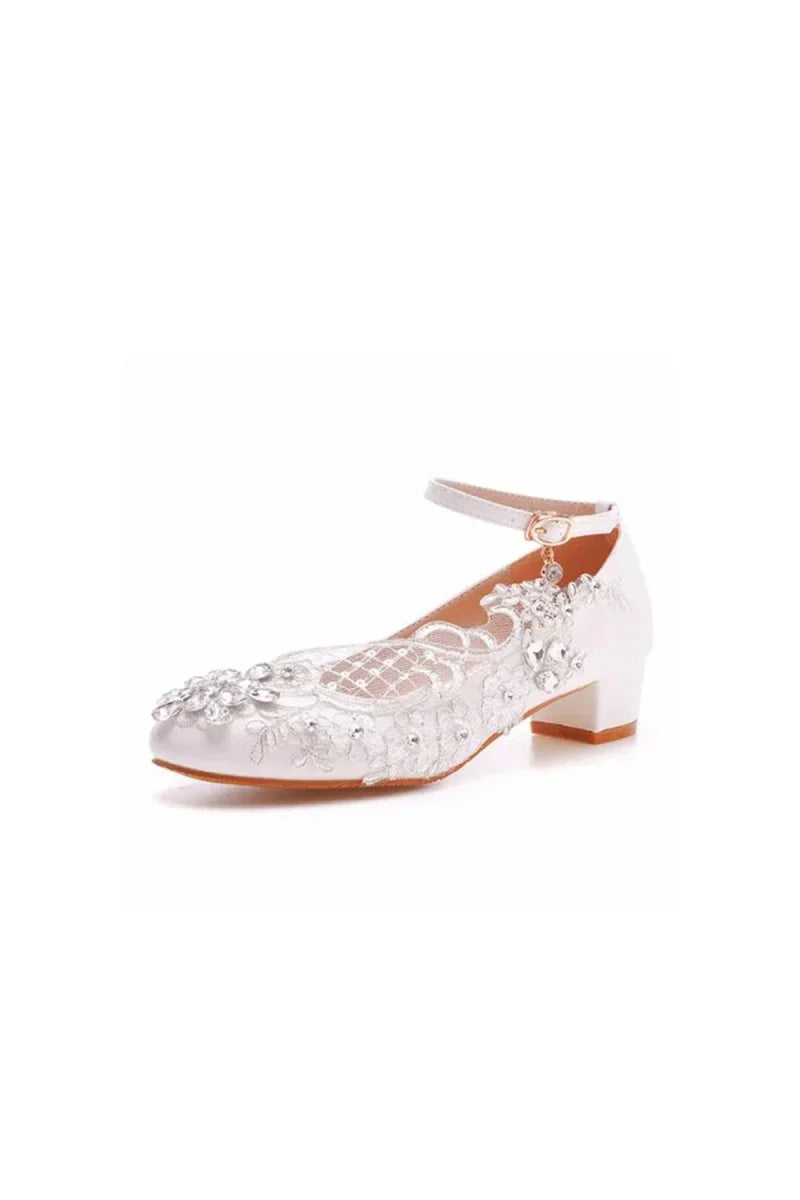 Round Toe Lace Rhinestones Ankle Strap Chunky Heel Wedding Shoes