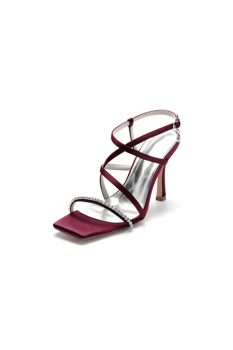 Square Open Toe Crystal Cross Straps Chunky Heels