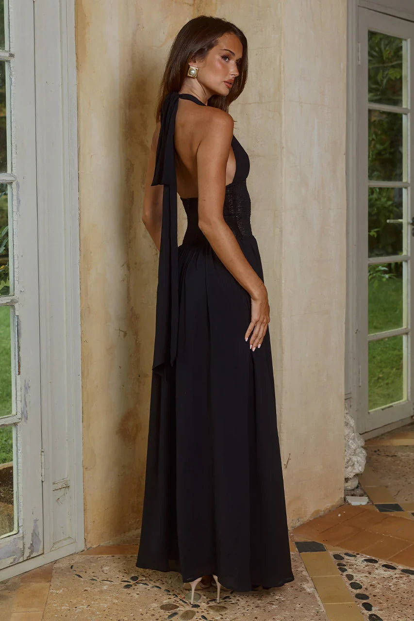 FERNANDA PLUNGE HALTER MAXI DRESS BLACK