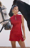 Atalia Mini Dress Mandarin Collar Jacquard A Line Dress in Red
