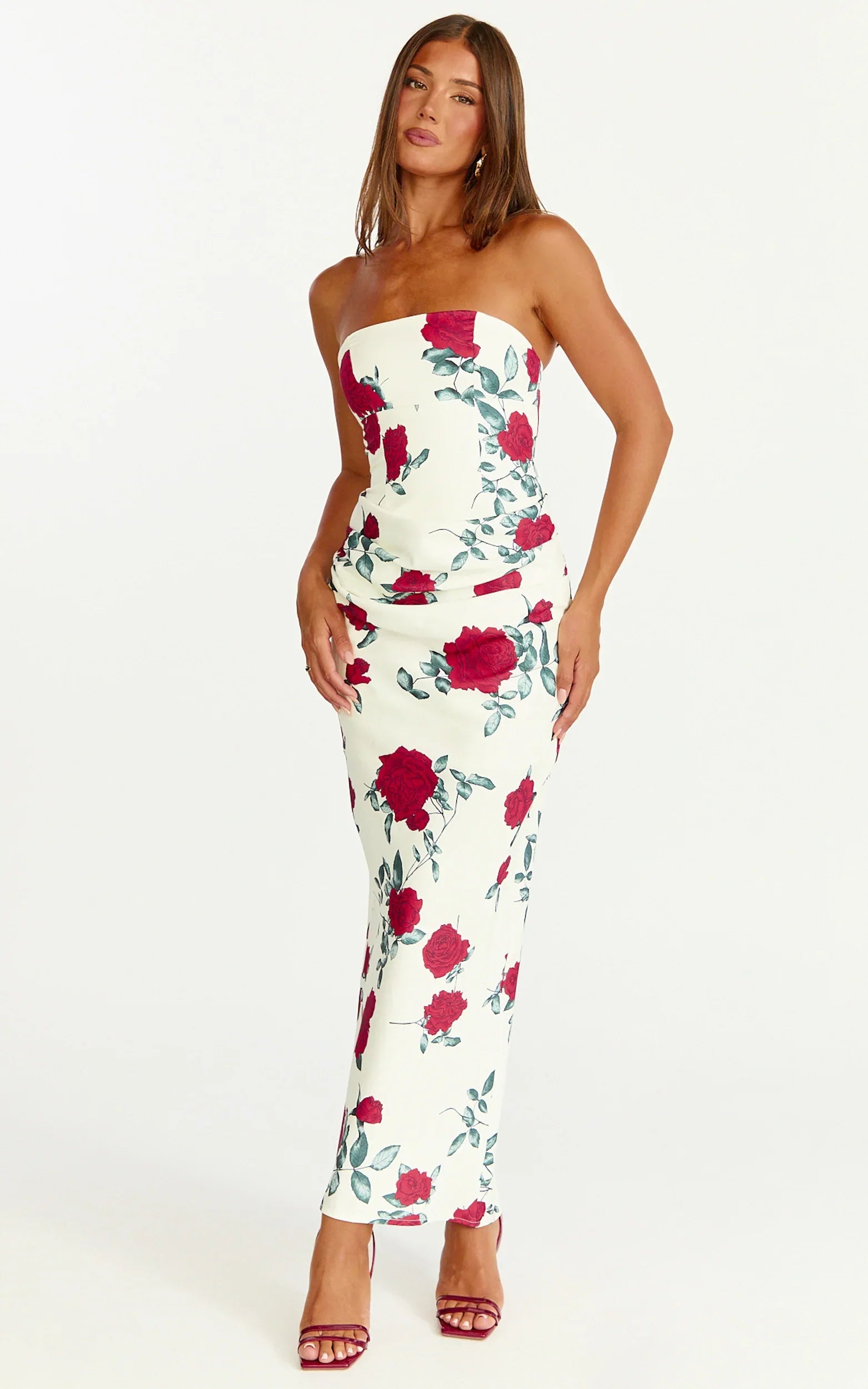 Dahlia Midi Dress Strapless Draped Cowl Waist Fitted Dress in Scarlet Rose Print