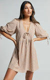 Rosita Mini Dress Tie Front Puff Sleeve Dress in Caramel White Gingham