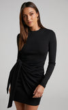 Marleen Mini Dress Wrap Front Long Sleeve Bodycon Dress in Black