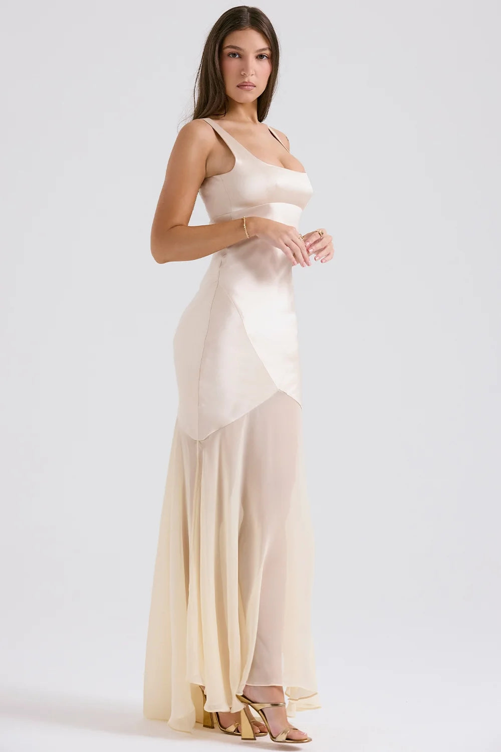 champagne chiffon floor length gown