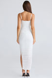 white gathered stretch mesh maxi dress