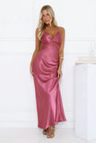 Satin Lace Twist Front Crisscross Maxi Dress Berry