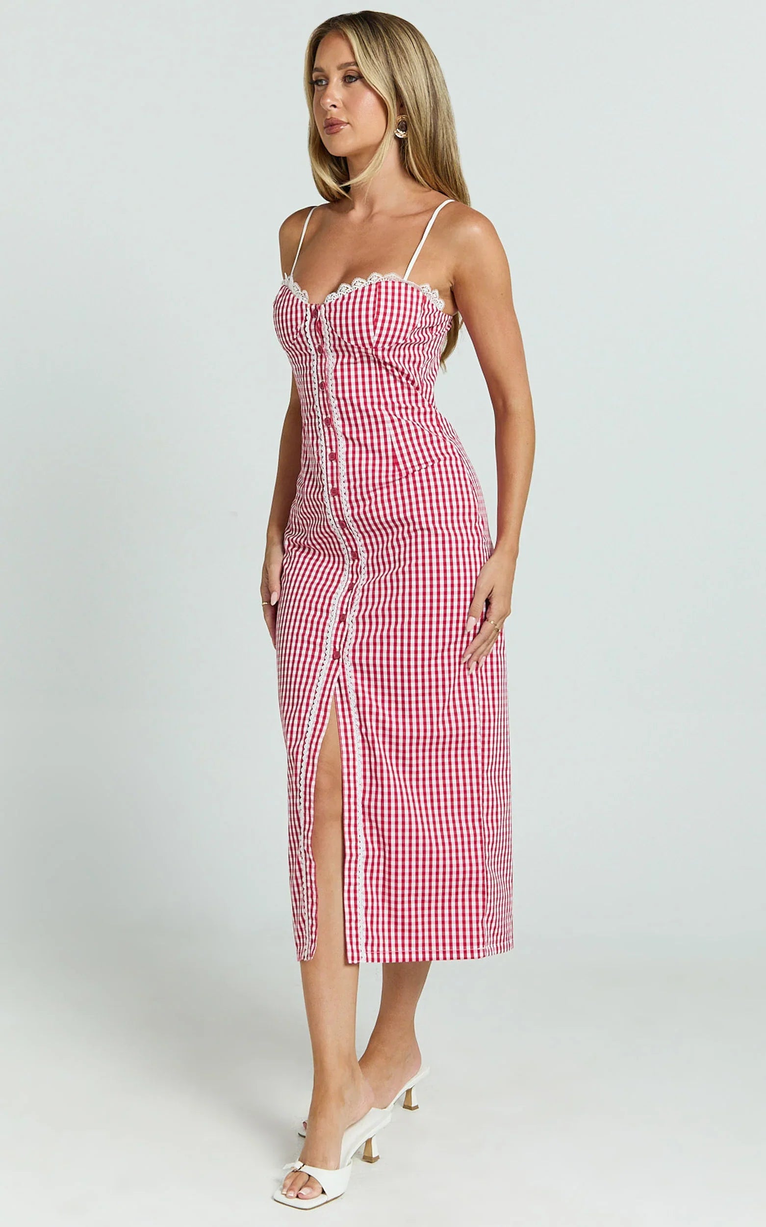 Anessa Midi Dress Button Front Bustier Fitted Dress in Red Gingham