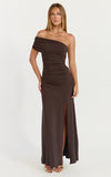 Opal Maxi Dress Off Shoulder Gathered Bodice Fit And Flare Dress in Dark Chocolate