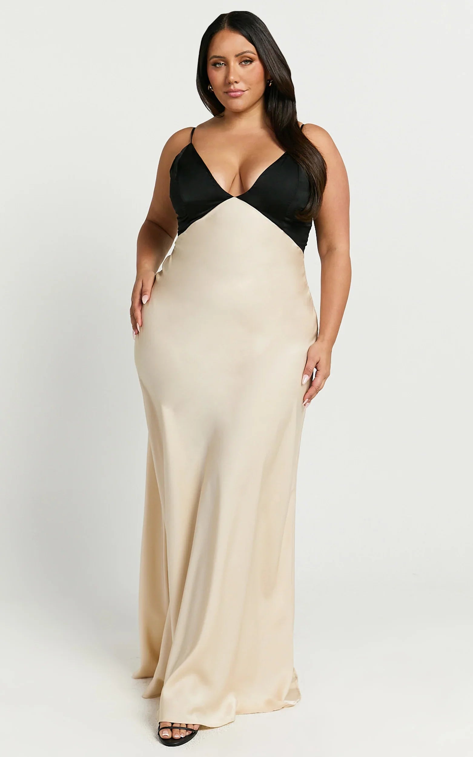 Quincy Maxi Dress Satin Slip Dress in Black Champagne