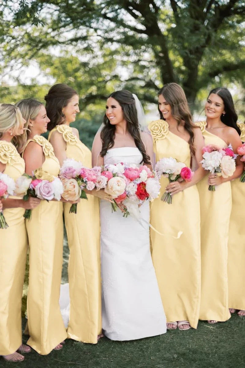 Pink One Shoulder Sheath Flower Sleeveless Satin Long Bridesmaid Dress