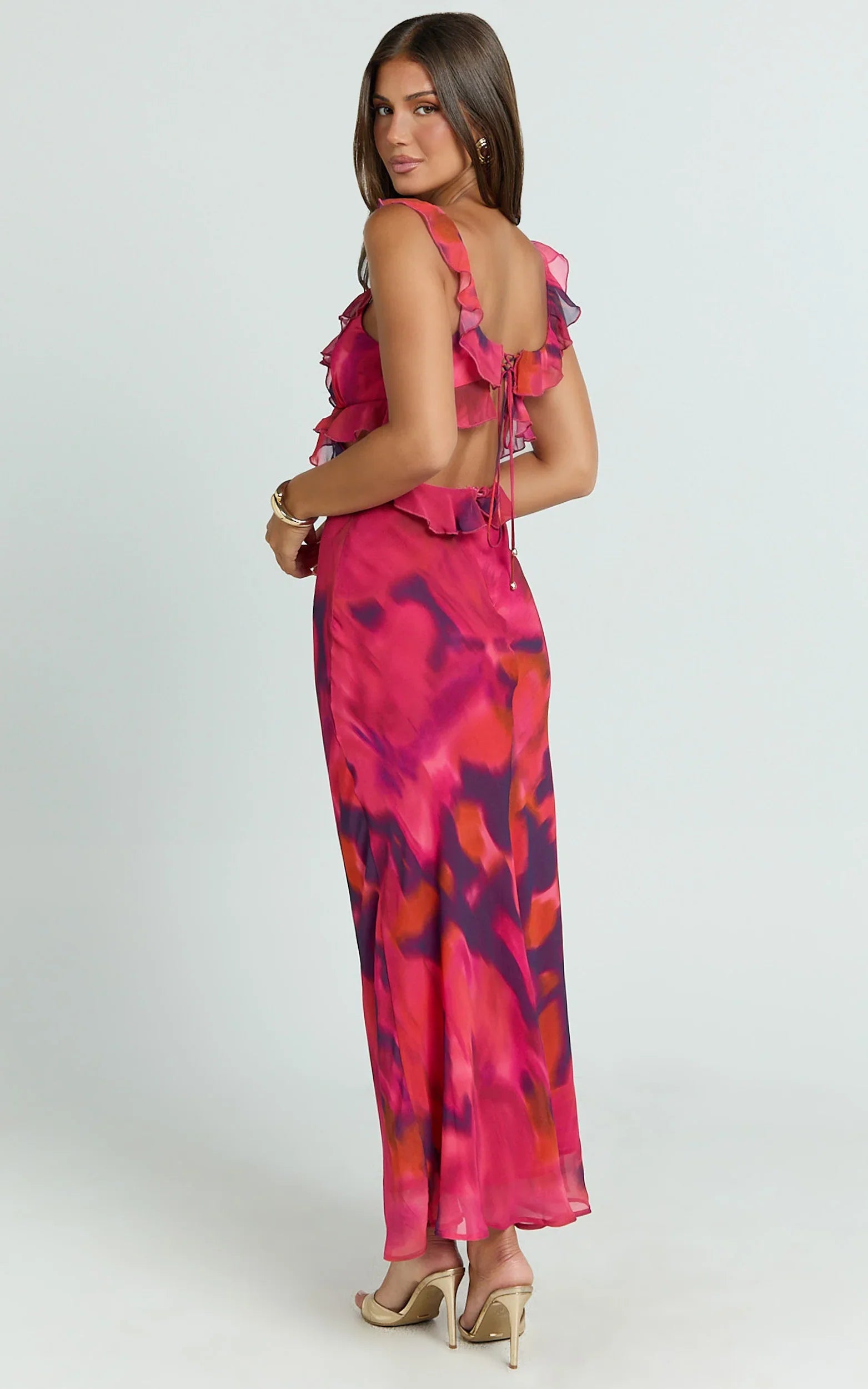 Alessa Midi Dress V Neck Frill Detail Empire Waist Back Cut Out Dress in Adeana Print