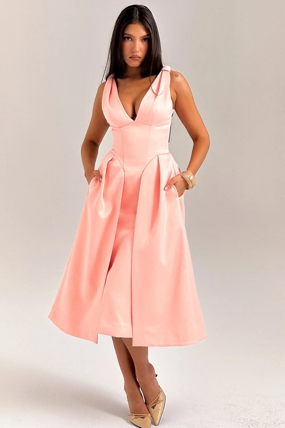 peach satin pleated midi dress sale