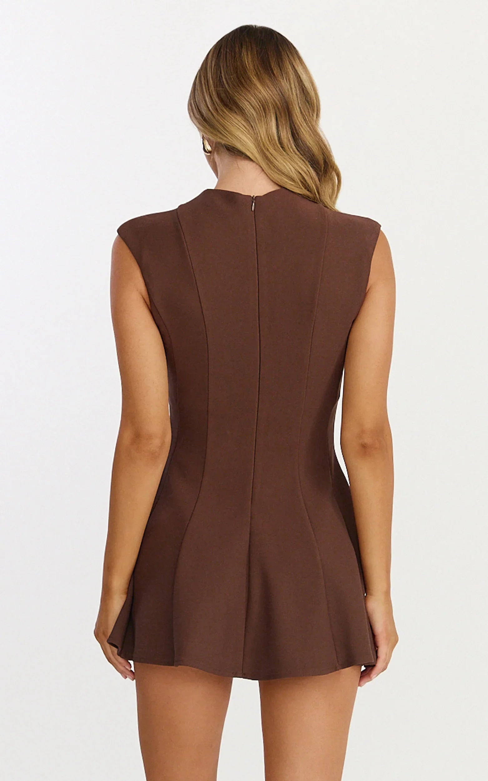Becky Mini Dress High Neck Sleeveless Fit And Flare Dress in Chocolate