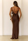 Satin Rose Embellished Maxi Dress Brown