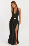 Phoenix Maxi Dress Halter Neck Gold Trim Jersey Dress in Black