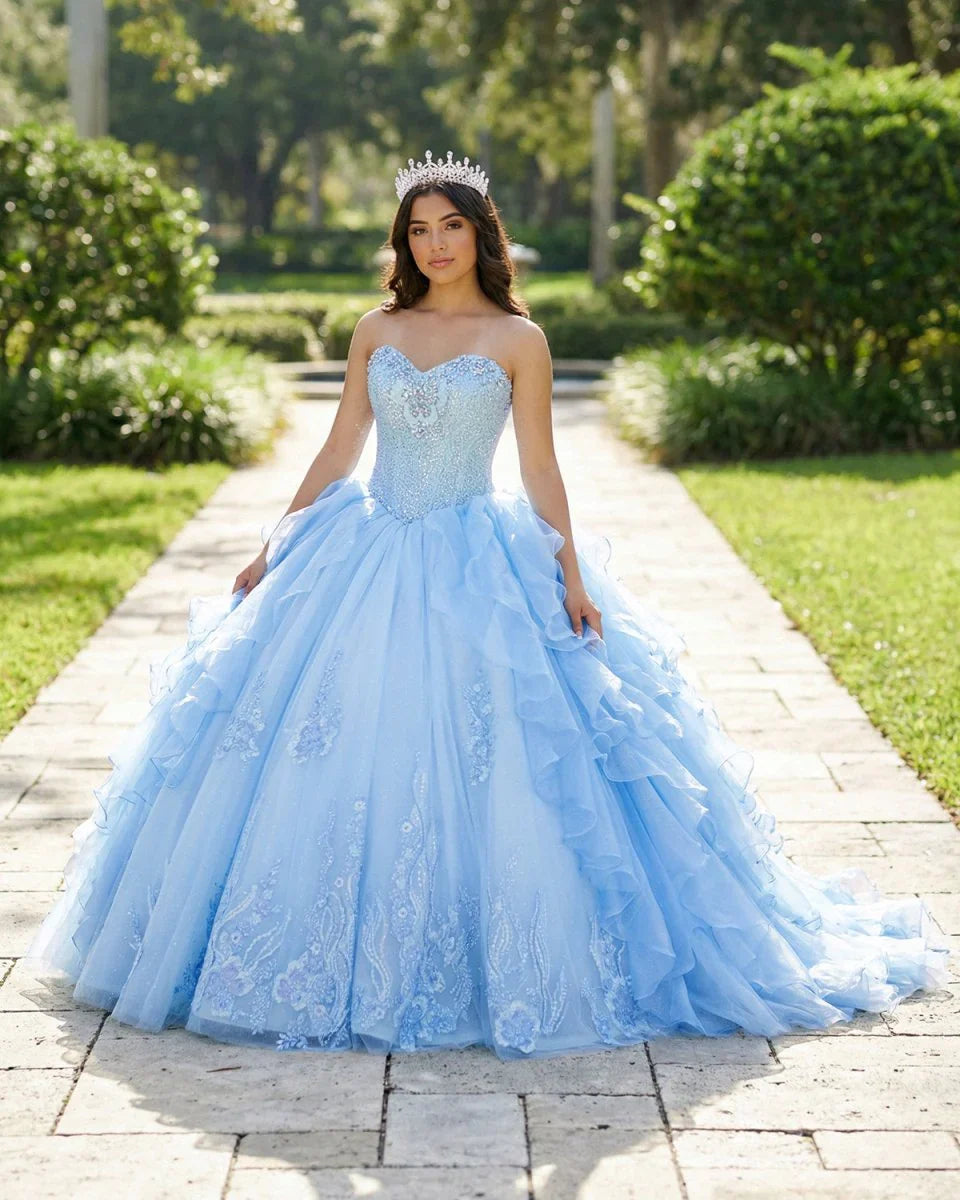 Sky Blue Quinceanera Dress with Pleats and Flowers
