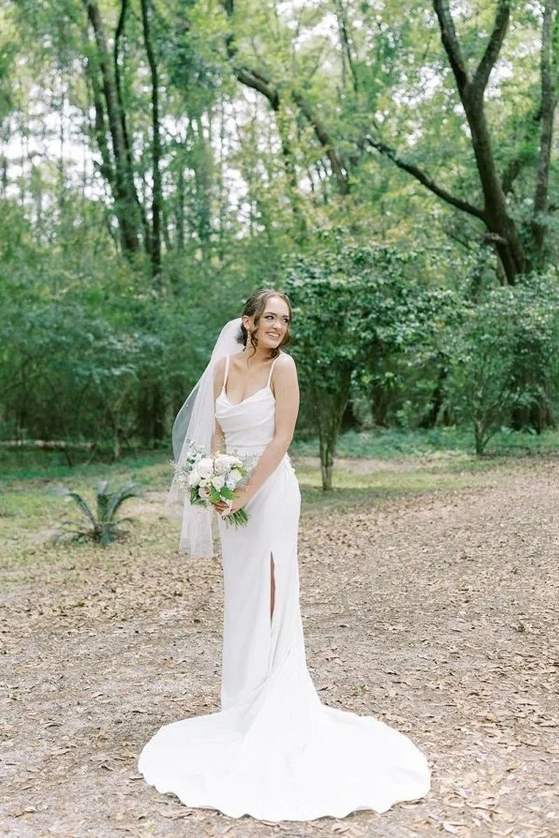 Charming Mermaid Cowl Neck Satin Wedding Dress with Slit