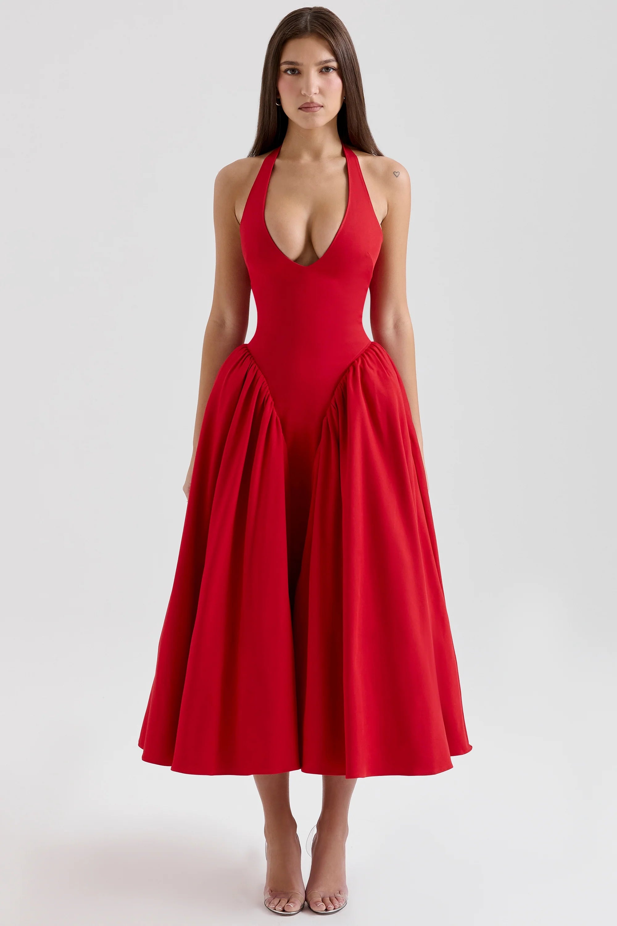 red twill halter midi dress