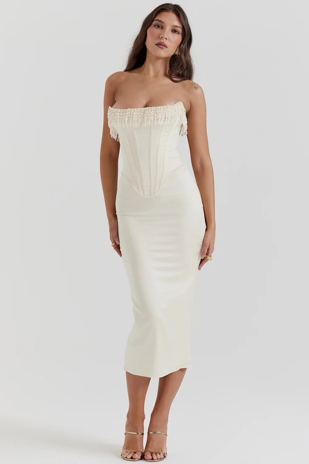vintage cream embellished strapless dress