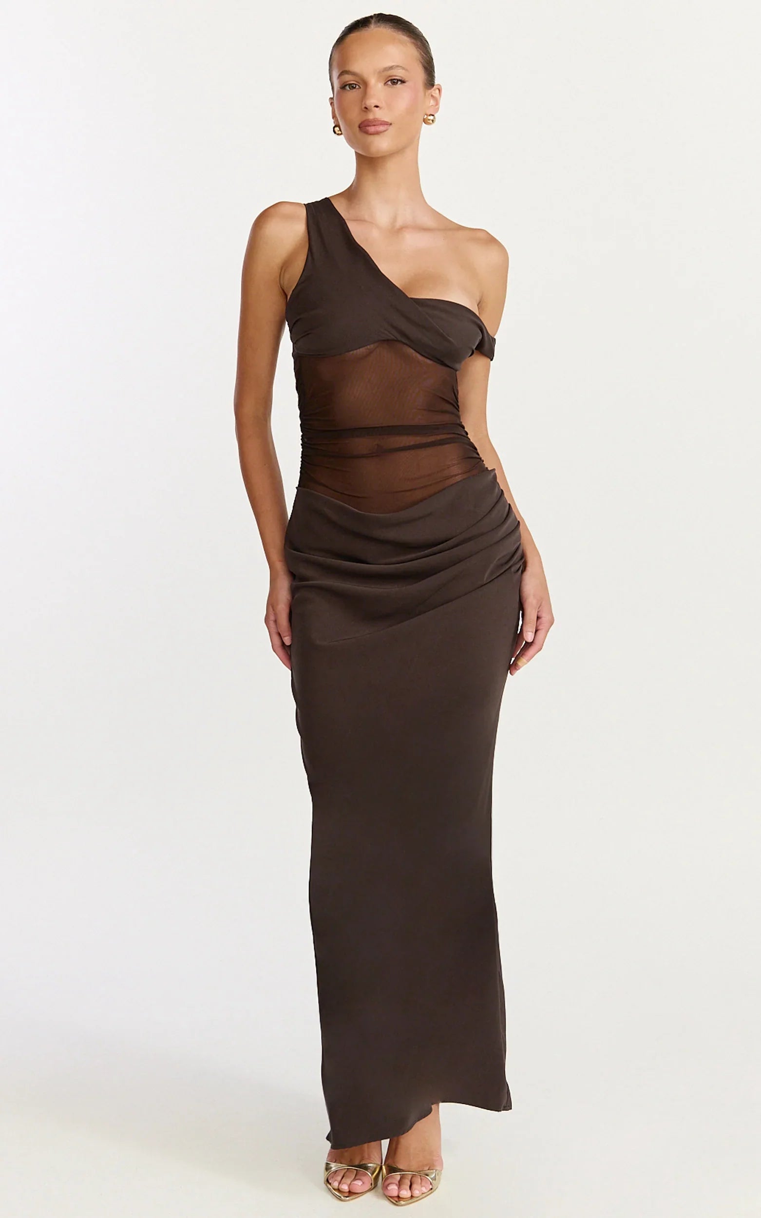 Elias Maxi Dress Twisted One Shoulder Cowl Dropped Waist Dress in Chocolate