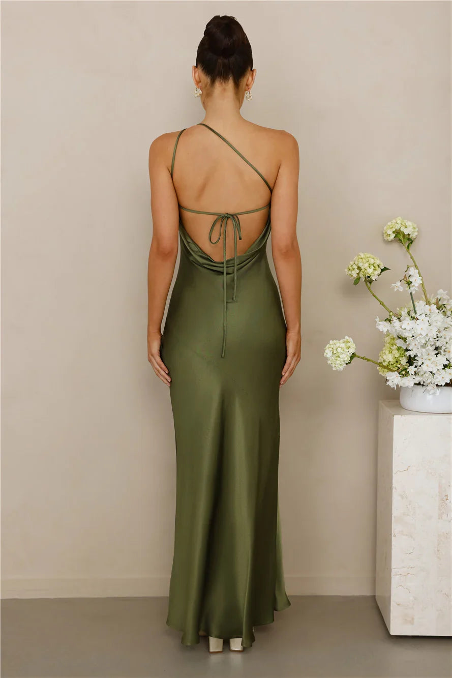 The Evangeline One Shoulder Satin Maxi Dress Olive