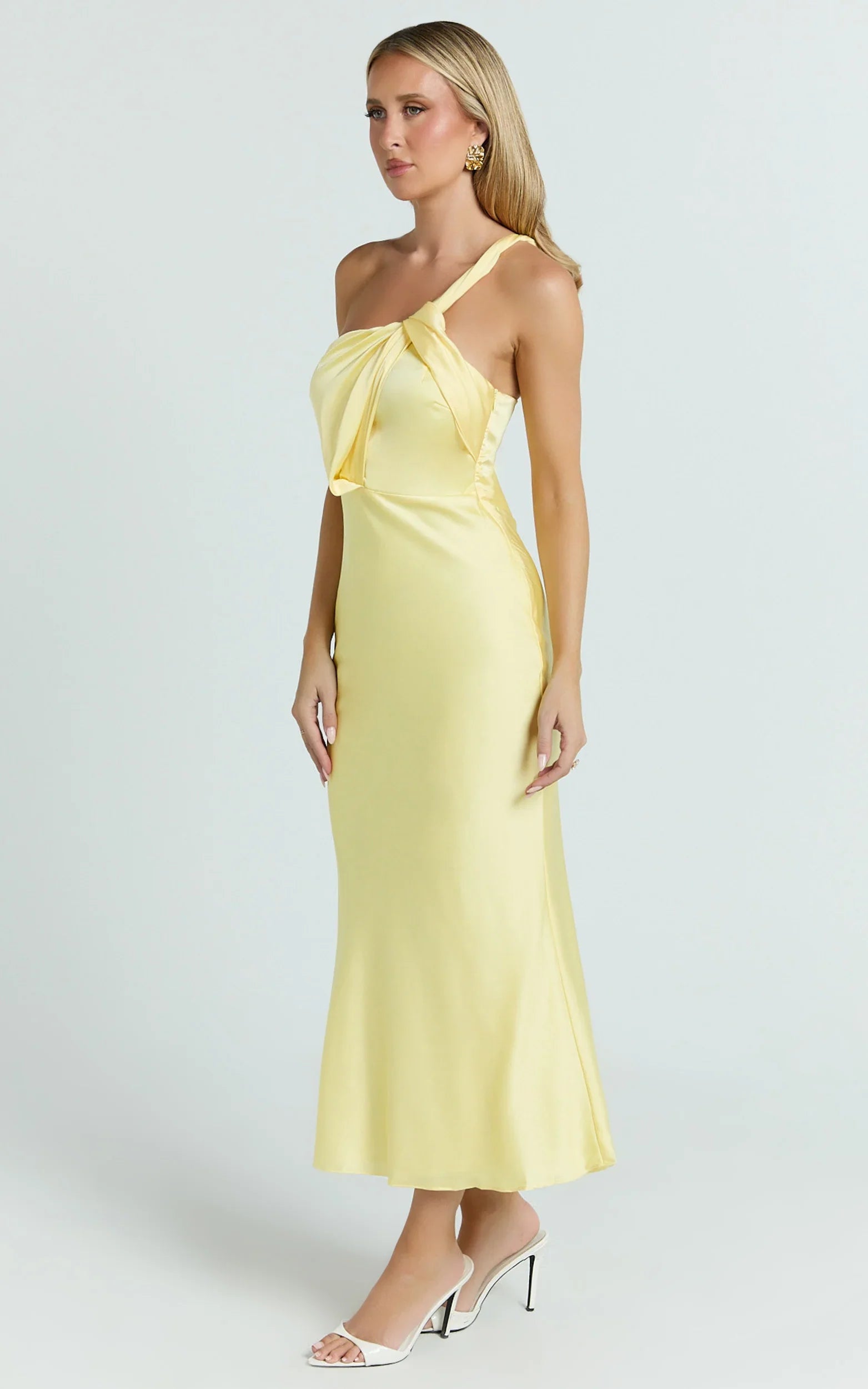 Carmella Midi Dress One Shoulder Twist Detail Dress in Butter Yellow