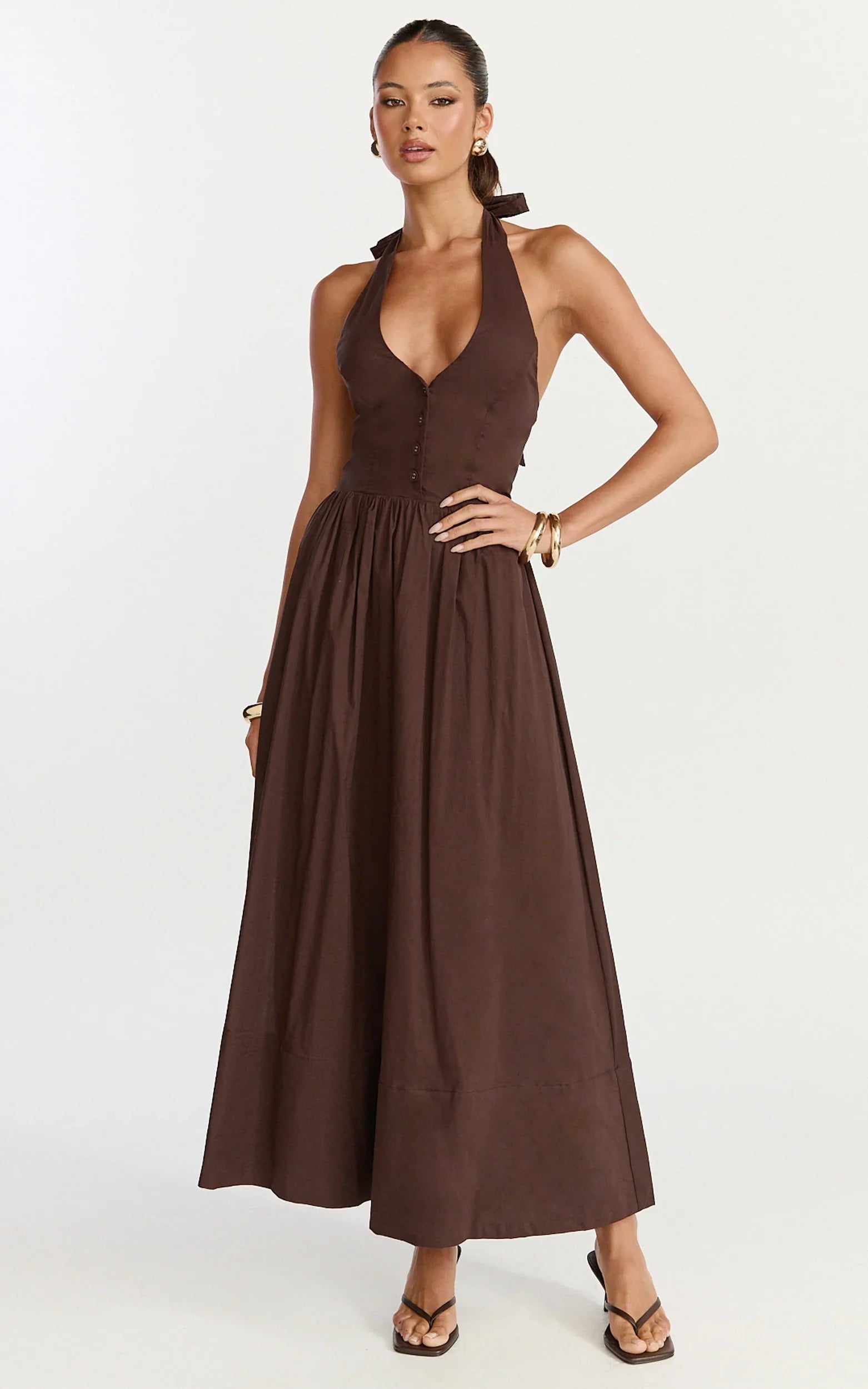 Everly Midi Dress Tie Halter Neck Button Down Bodice Fit And Flare Dress in Chocolate
