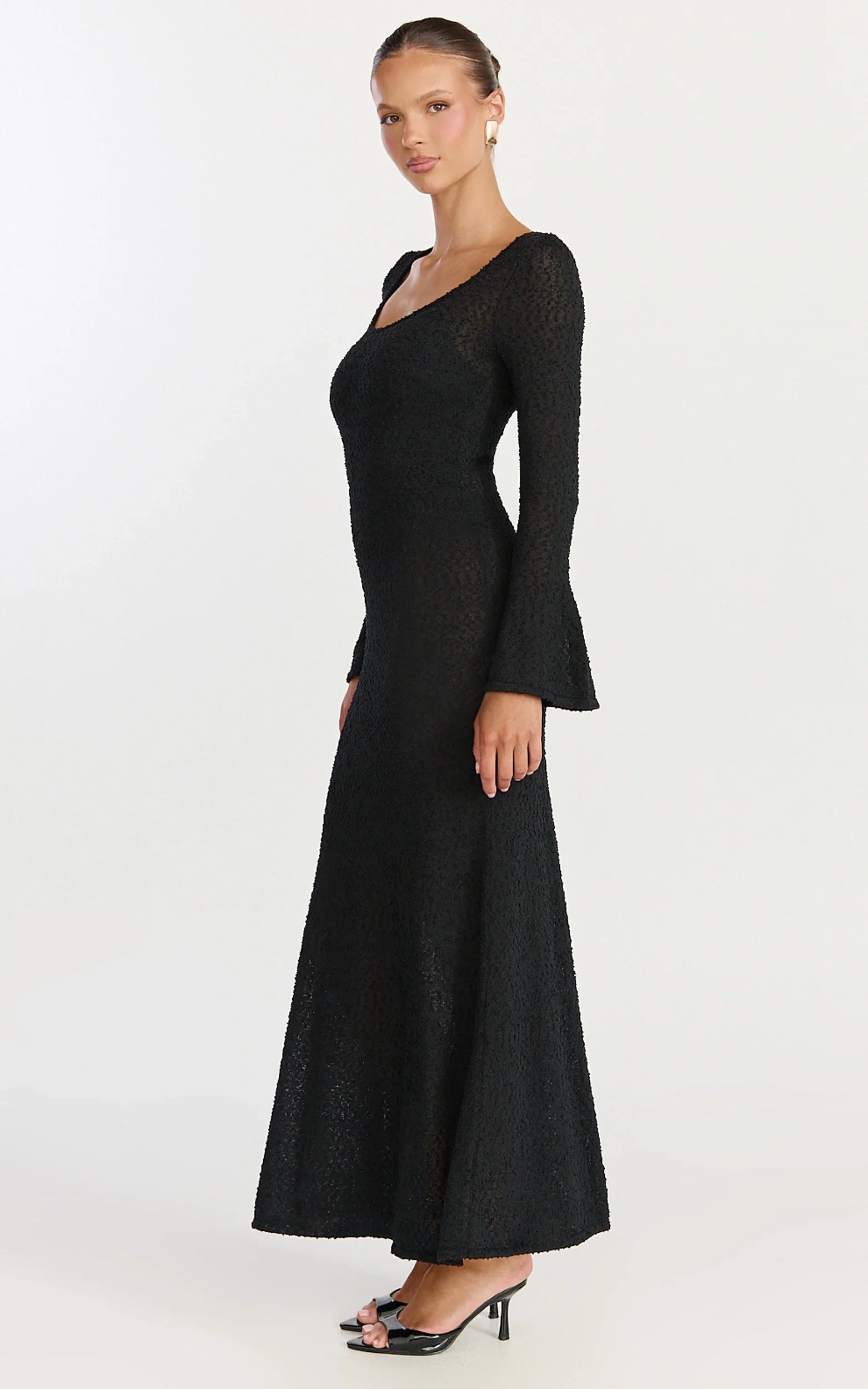 Michelle Maxi Dress Scoop Neck Flute Sleeve Knit Maxi Dress in Black