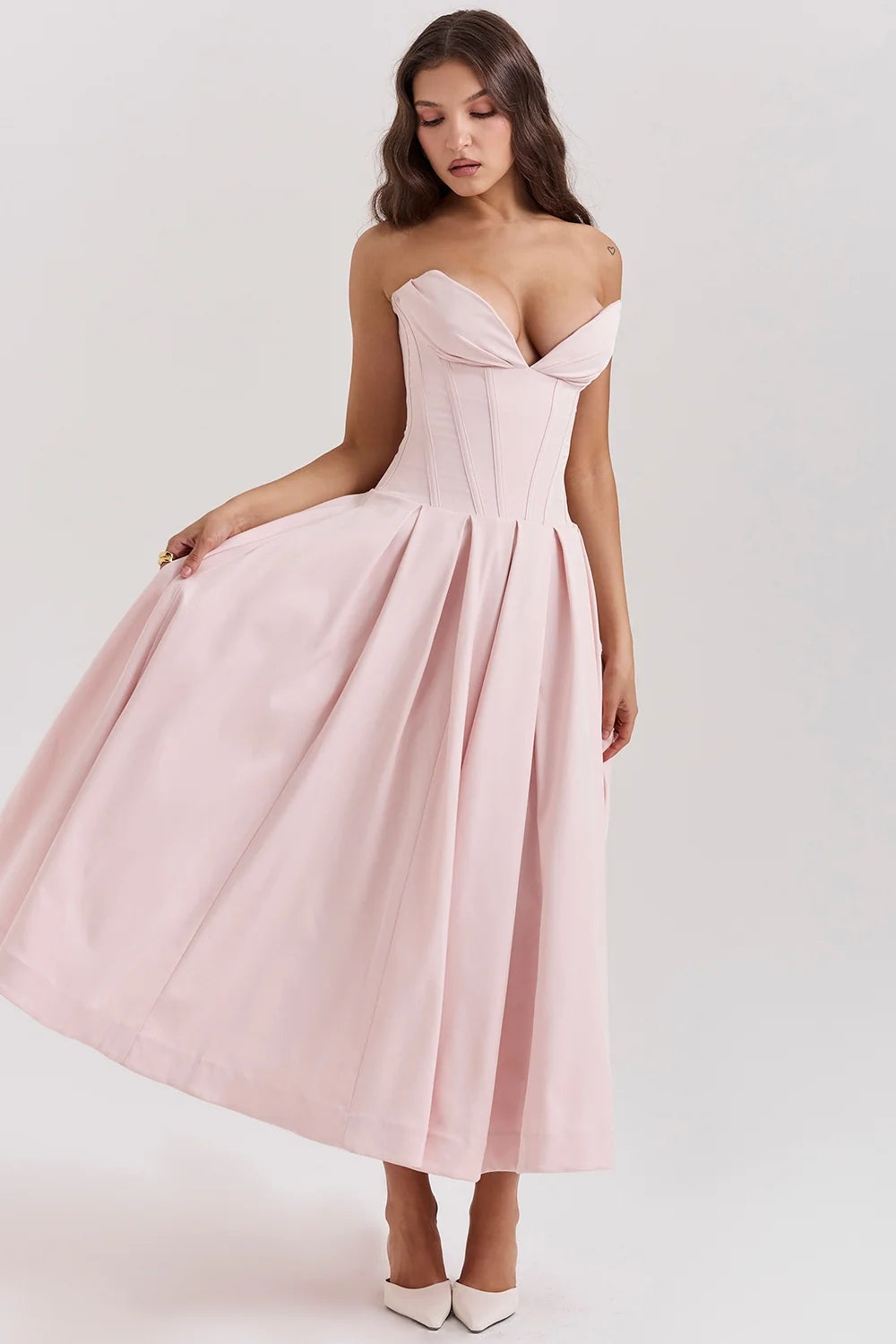 ballerina pink strapless midi dress