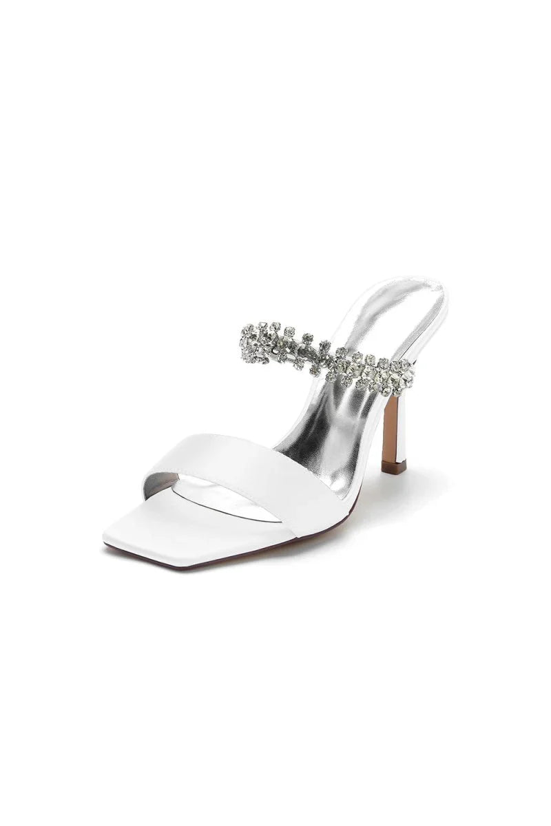 Square Open Toe Rhinestone Strappy Satin Stiletto Heels