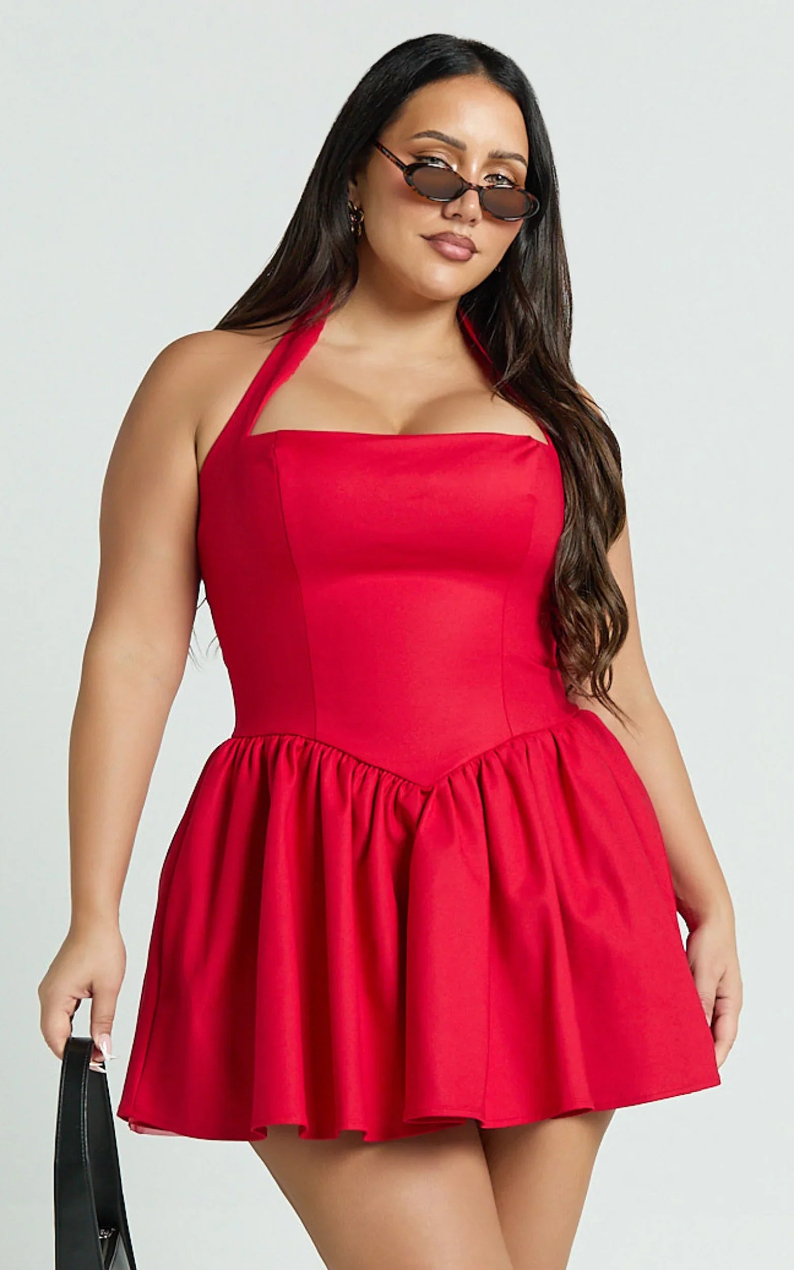 Helda Mini Dress Halter Tie Neck Corset Panel Dress in Red