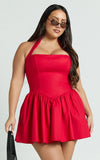 Helda Mini Dress Halter Tie Neck Corset Panel Dress in Red