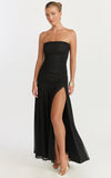 Lara Maxi Dress Strapless Ruched Mesh High Leg Split Dress in Black