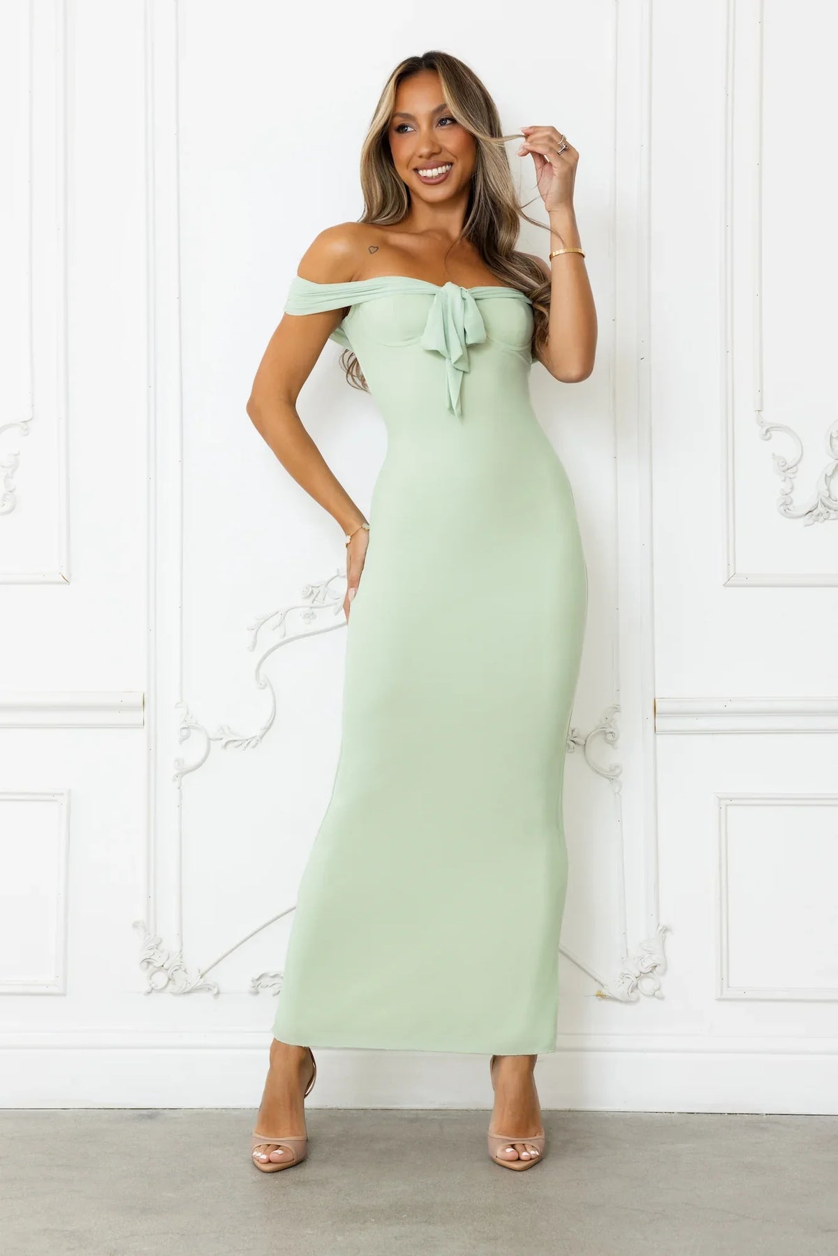 Stepping Back Off Shoulder Mesh Maxi Dress Sage