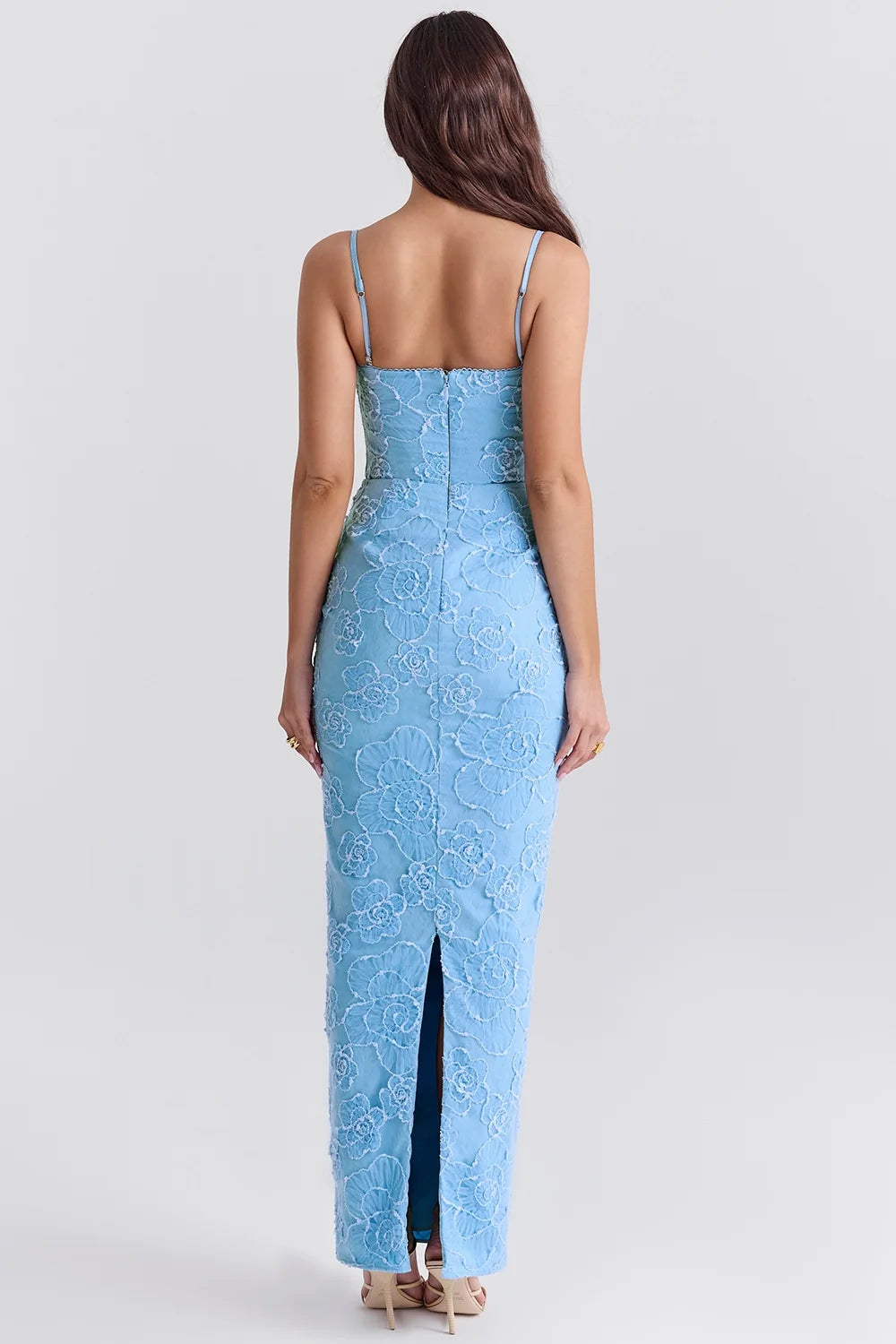 tuscan blue embroidered floral maxi dress