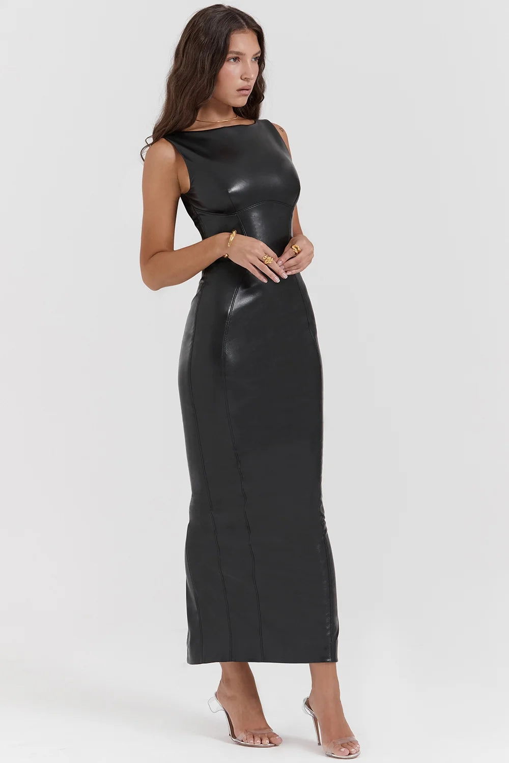 black vegan leather maxi dress