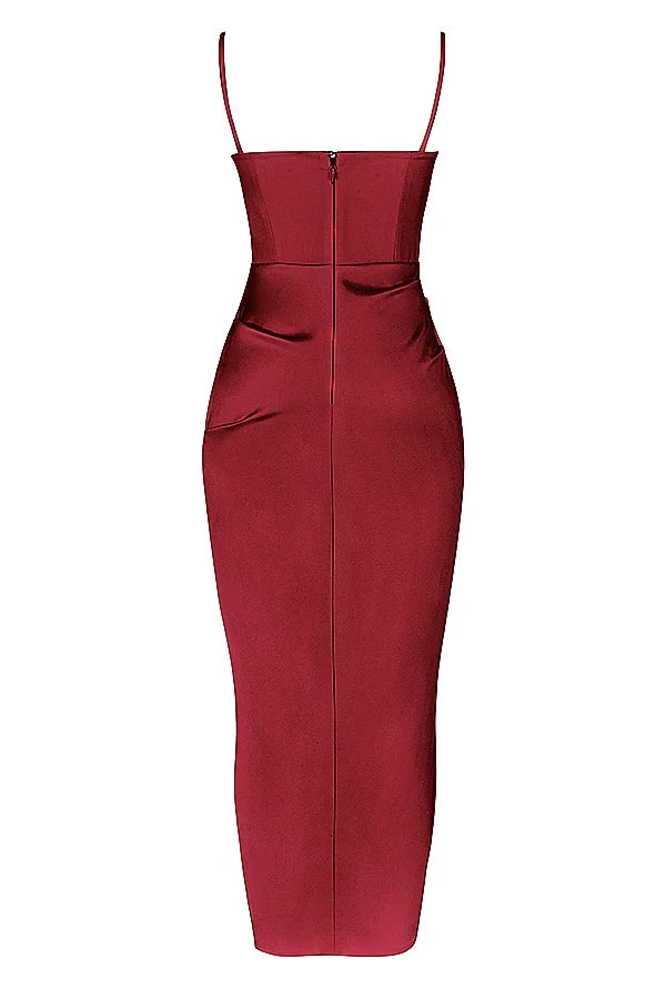 wine satin pleated corset midi dress