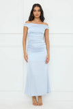 Polished Radiance Off Shoulder Satin Maxi Dress Blue