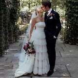 Sleeveless A Line Strapless Bohemian Tiered Tulle Wedding Dresses