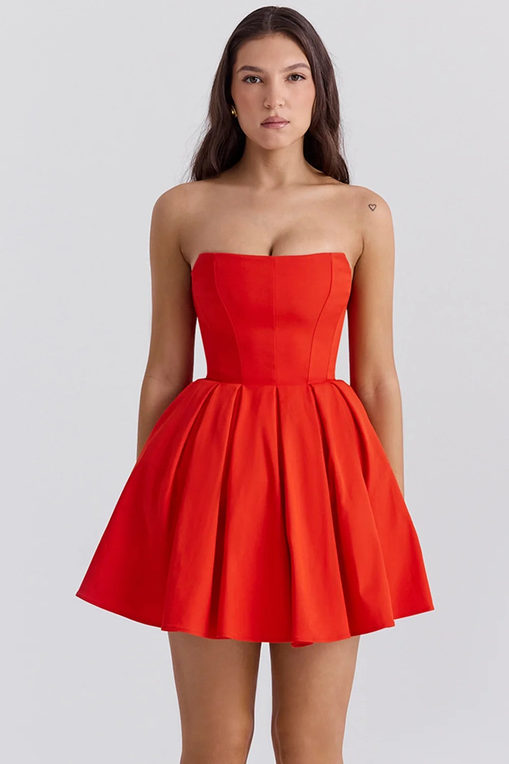 italian tomato strapless pleated mini dress