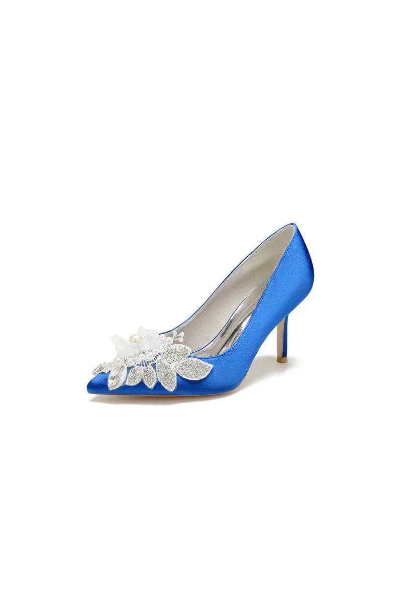 Pointed Toe Satin Bridal Heels with Crystal Flower