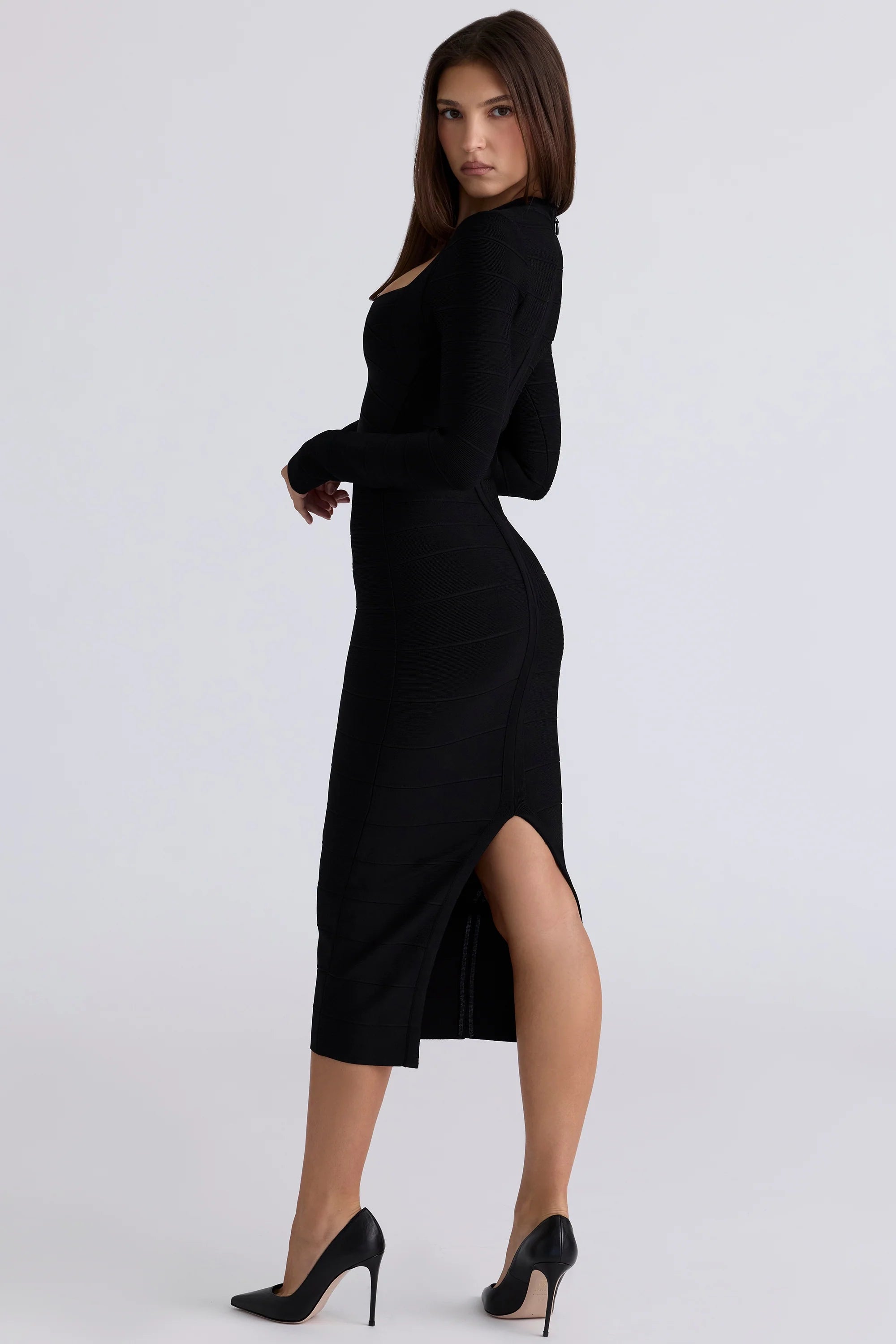 black long sleeve bandage midi dress