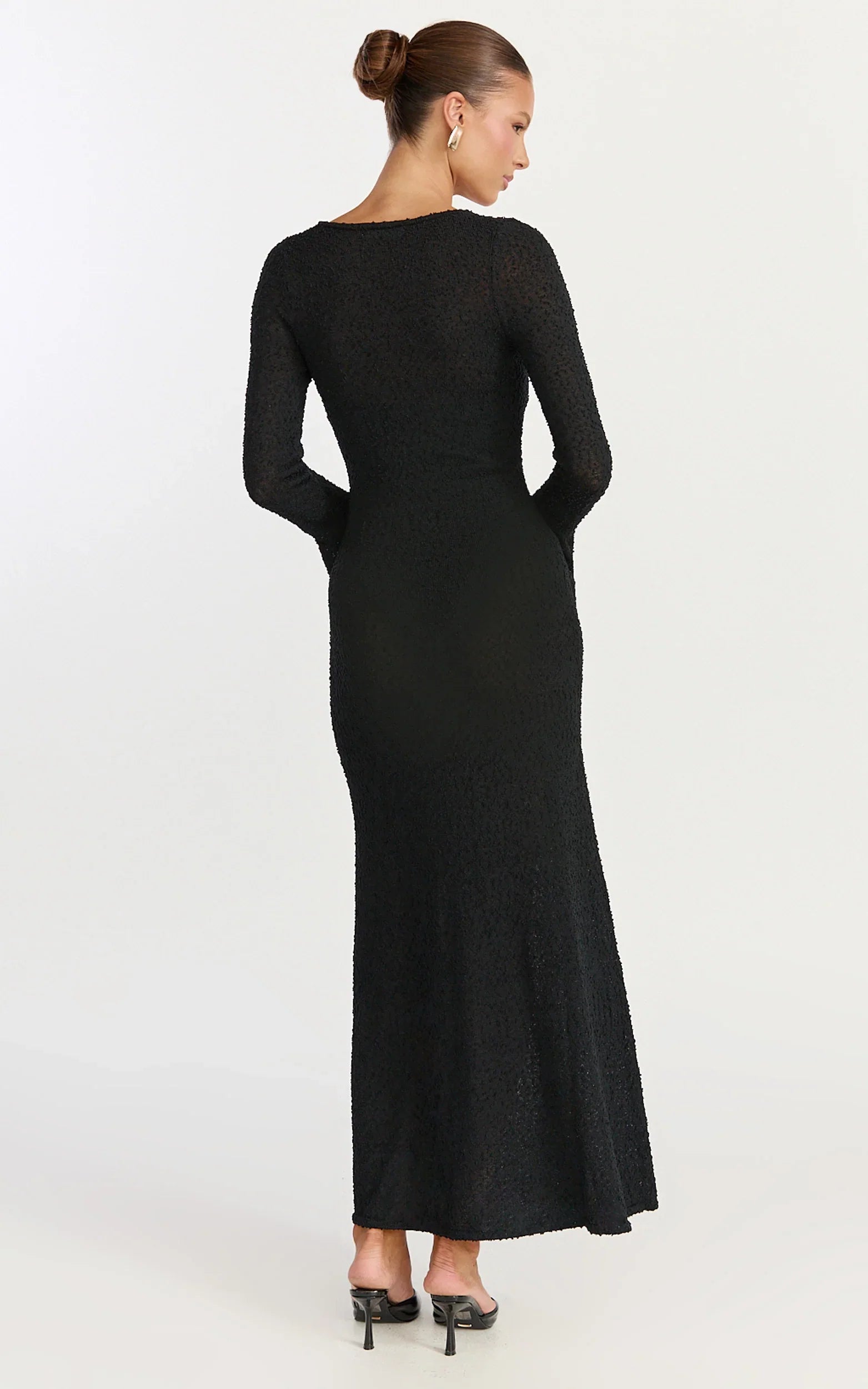 Michelle Maxi Dress Scoop Neck Flute Sleeve Knit Maxi Dress in Black