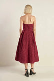 ROSETTE DETAIL STRAPLESS BURGUNDY MIDI DRESS